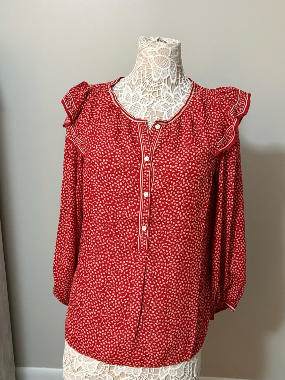 Max Studio Red Printed Ruffle-Shoulder Blouse